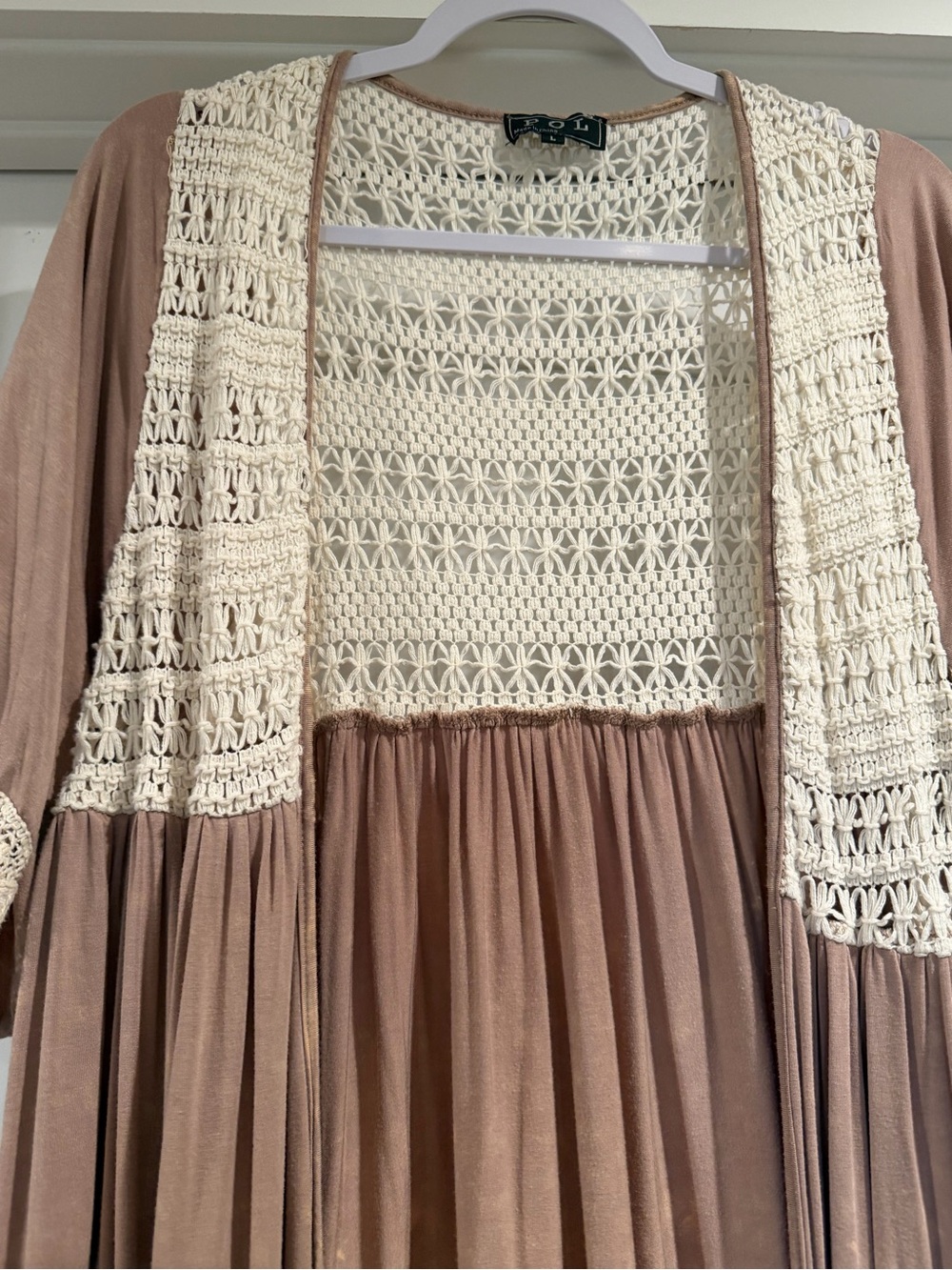 POL Crochet Trim Open Cardigan - Taupe & Cream - Picture 4 of 7